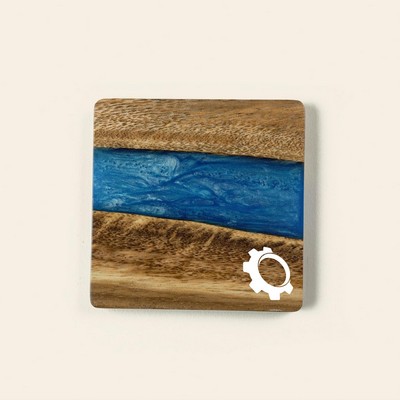 Acacia Coaster Set - 4" w/ Resin & Imprint - Opaque Blue