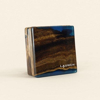 Acacia Coaster Set - 4" w/ Resin & Imprint - Translucent Blue